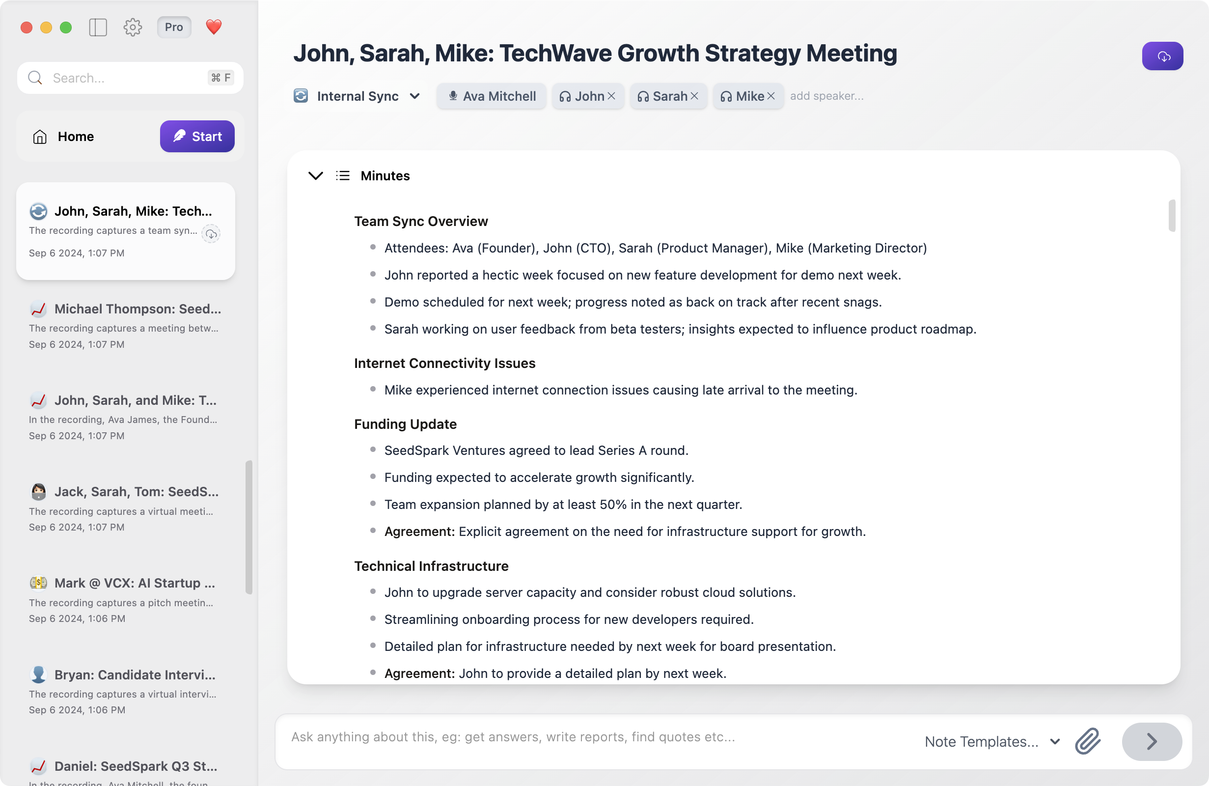 Minutes feature showing meeting transcription